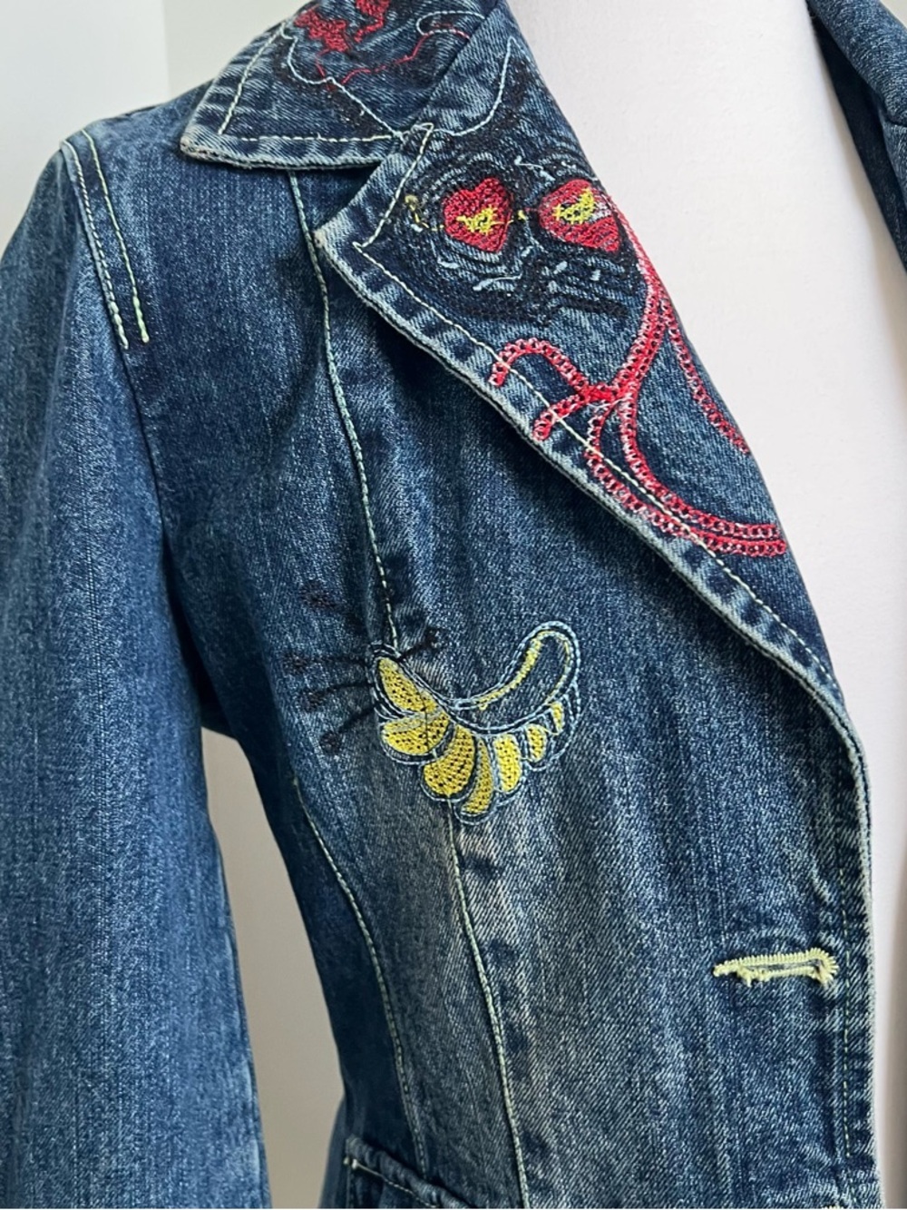 Vintage Embroidered Denim Coat – Boho Fairycore Y2K Jacket S - Picture 4 of 9
